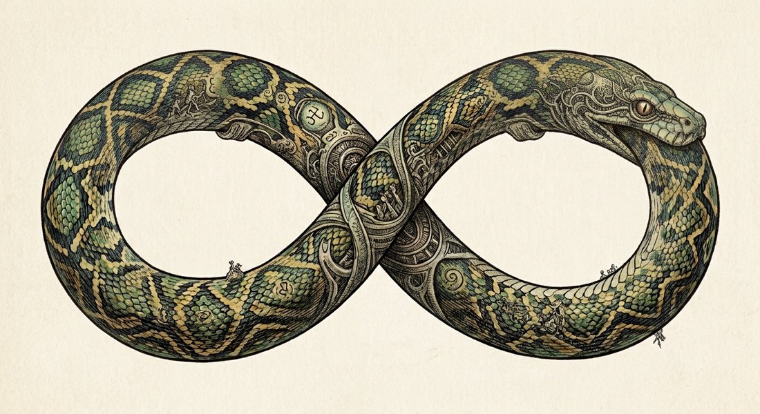A python as an ouroboros, coiled into an infinity sign
